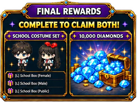 Final rewards - Complete to claim both: School Costume Set and 10,000 Diamonds.