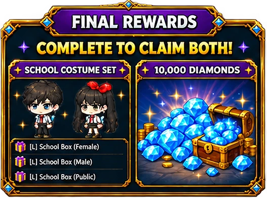 Final rewards - Complete to claim both: School Costume Set and 10,000 Diamonds.